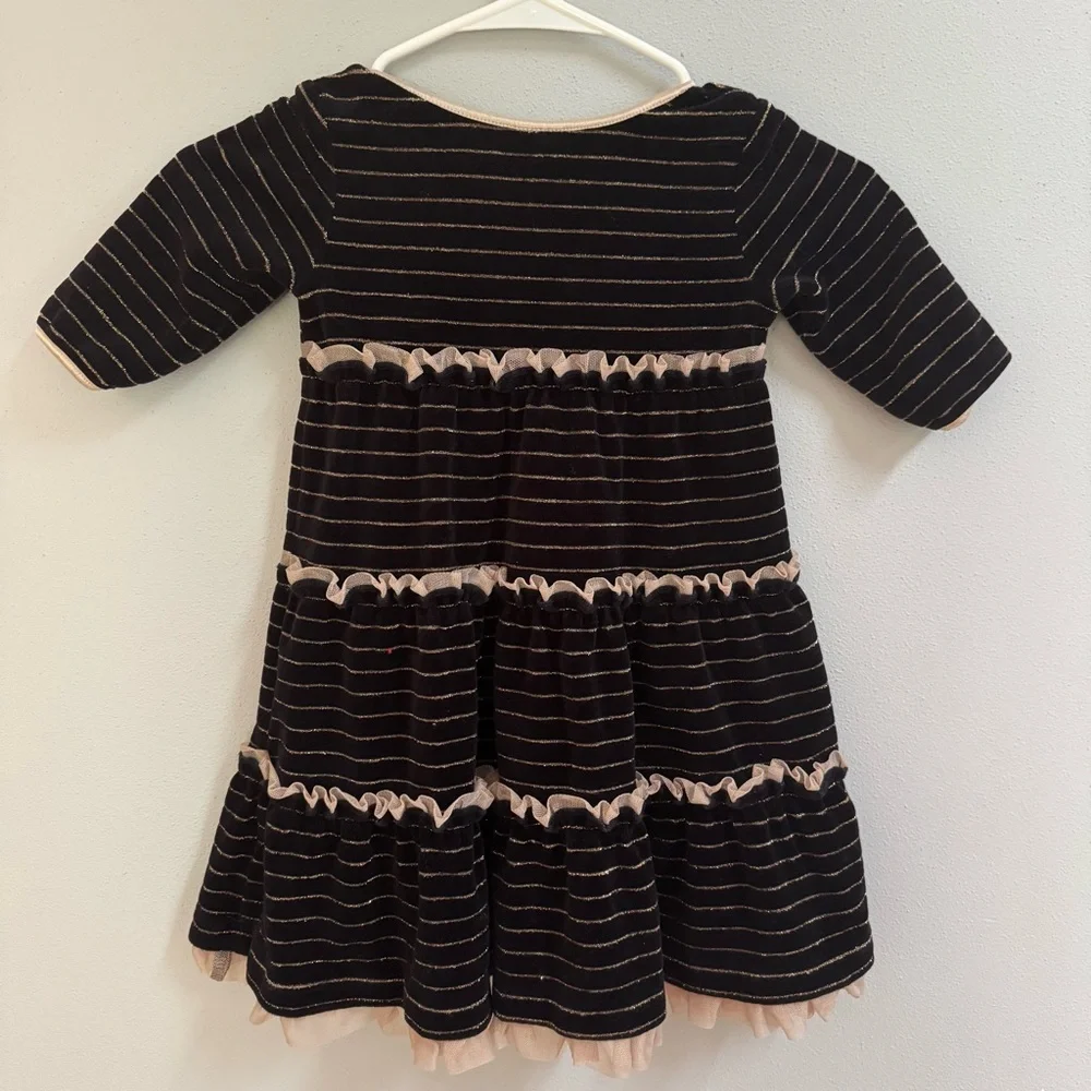 Hanna Andersson Girl Black Velvet Gold Lurex Striped Tiered Ruffle Dress Size 90